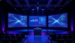 A modern tech event stage with large glowing display panels and a laptop on a podium