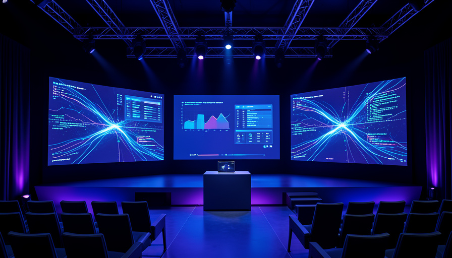 A modern tech event stage with large glowing display panels and a laptop on a podium