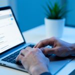 Hands typing on a laptop with an email application open on the screen in a modern office