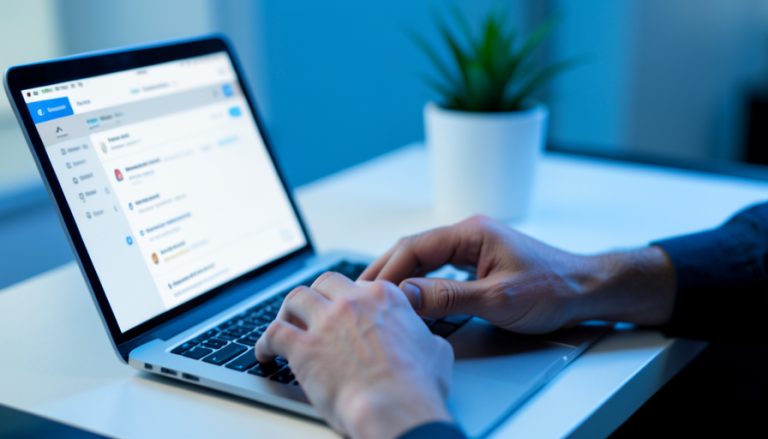 Hands typing on a laptop with an email application open on the screen in a modern office
