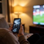 A person on a couch holding a phone with a hidden score card while a game plays on the TV
