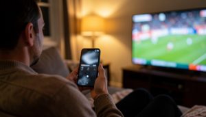 A person on a couch holding a phone with a hidden score card while a game plays on the TV