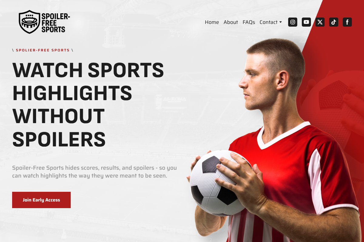 Spoiler-Free Sports app homepage promoting spoiler-free highlights