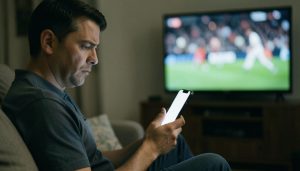 A person on a couch looking skeptically at a smartphone with a sports game on the television behind them