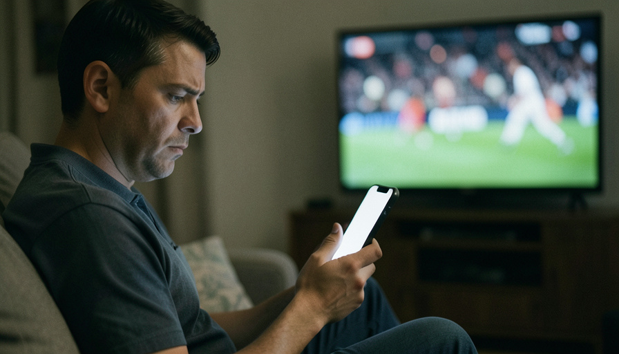A person on a couch looking skeptically at a smartphone with a sports game on the television behind them