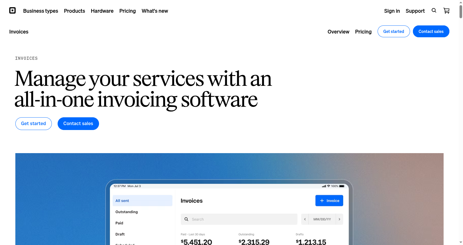 Square Invoices page showing an invoice dashboard with paid and outstanding statuses