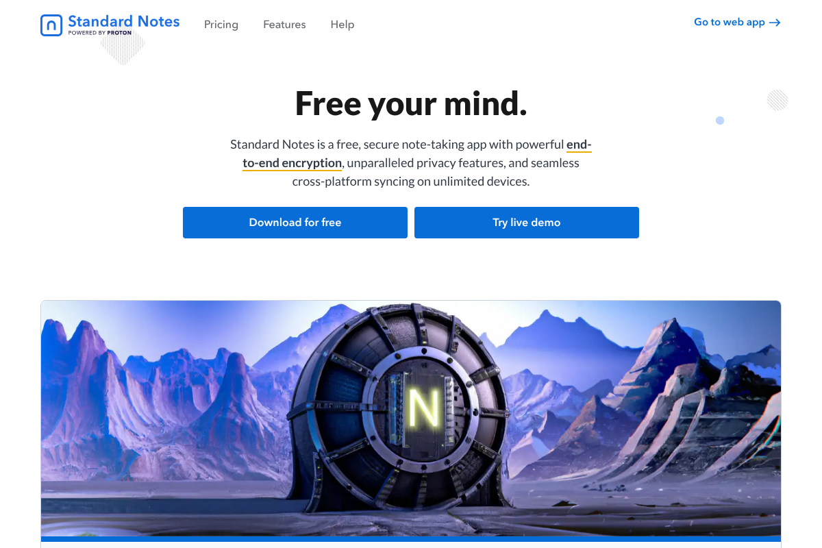 Standard Notes encrypted note app homepage