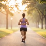 A runner jogging away along a tree-lined park path in soft golden morning light