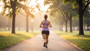 A runner jogging away along a tree-lined park path in soft golden morning light