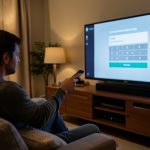 A person on a couch pointing a remote at a smart TV showing a sign-in screen with an on-screen keyboard