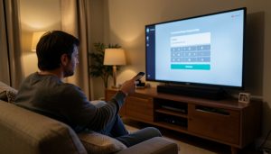 A person on a couch pointing a remote at a smart TV showing a sign-in screen with an on-screen keyboard
