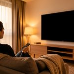 A person on a couch holding a TV remote facing a wall-mounted television with a blank screen in a warmly lit living room