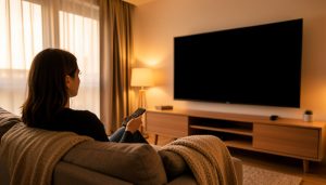 A person on a couch holding a TV remote facing a wall-mounted television with a blank screen in a warmly lit living room