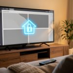 A living room TV showing an abstract streaming grid with a glowing house-and-lock icon, and a remote on the couch