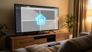 A living room TV showing an abstract streaming grid with a glowing house-and-lock icon, and a remote on the couch