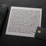 A TV remote, a credit card, and a paper maze arranged on a dark surface