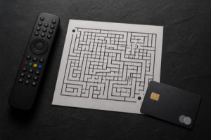 A TV remote, a credit card, and a paper maze arranged on a dark surface