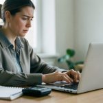 A small business owner reviewing payments on a laptop with a card reader and notebook on the desk