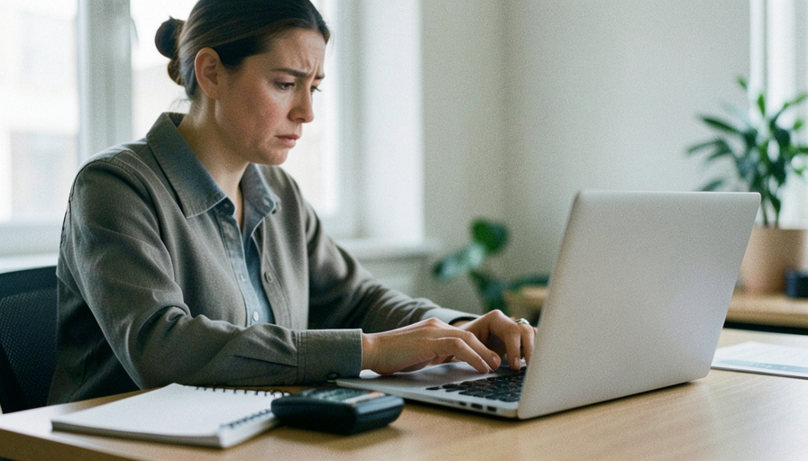 A small business owner reviewing payments on a laptop with a card reader and notebook on the desk