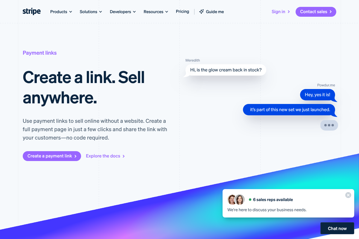 Stripe Payment Links page showing how to create a shareable payment link