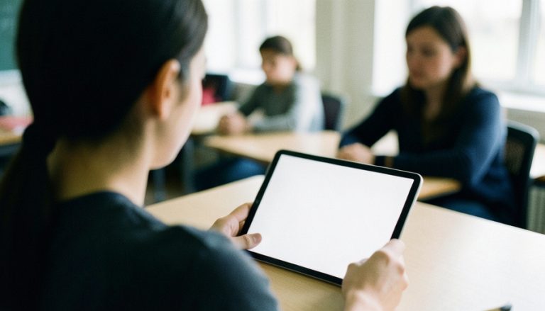 A student using a tablet at a classroom desk with classmates and a teacher blurred in the background