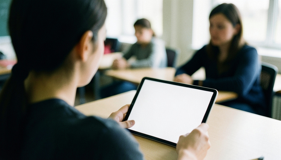 A student using a tablet at a classroom desk with classmates and a teacher blurred in the background