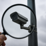 A magnifying glass held up to a surveillance camera on a pole against an overcast sky