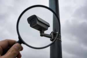 A magnifying glass held up to a surveillance camera on a pole against an overcast sky