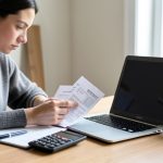 A young person at a desk reviewing a loan statement beside a laptop, calculator, and coffee mug