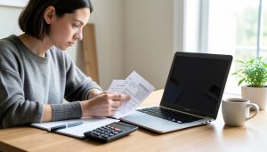 A young person at a desk reviewing a loan statement beside a laptop, calculator, and coffee mug