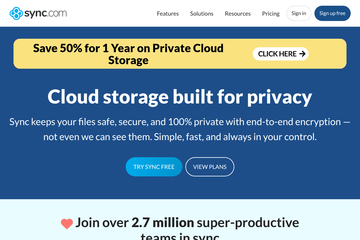 Sync.com secure cloud storage homepage