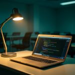 A single desk lamp lighting a laptop with code in a dim office full of empty desks