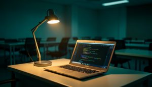 A single desk lamp lighting a laptop with code in a dim office full of empty desks