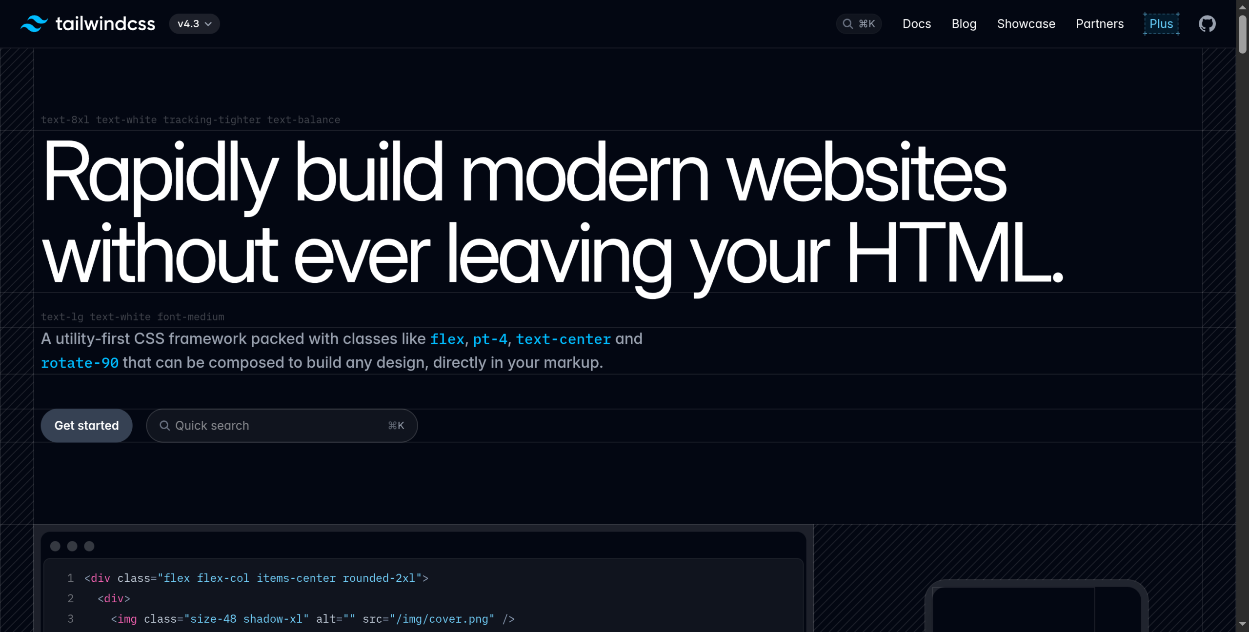 Tailwind CSS homepage describing a utility-first CSS framework for building modern websites