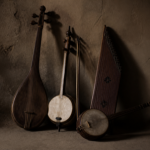 Traditional stringed musical instruments resting in shadow against a plain wall