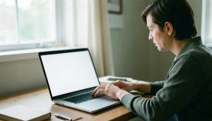 A person at a home desk looking at a laptop with a blank screen while waiting for a video appointment to load