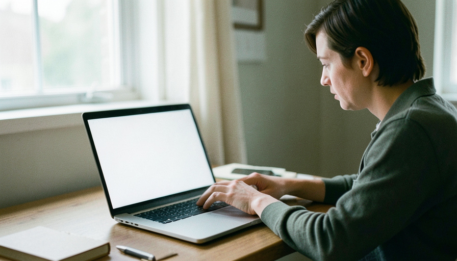 A person at a home desk looking at a laptop with a blank screen while waiting for a video appointment to load