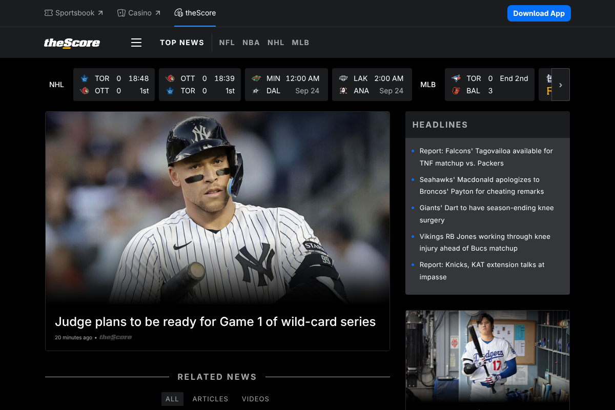 theScore sports app homepage