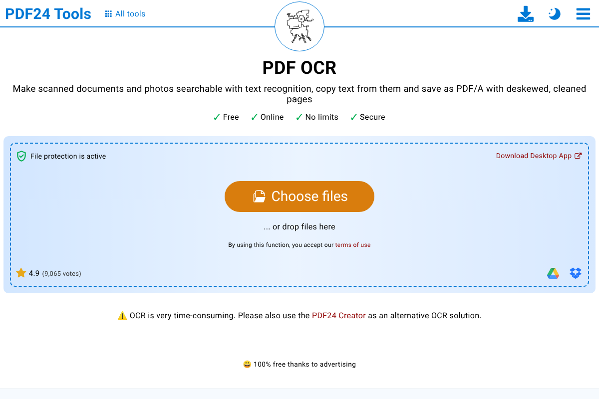 The PDF24 online OCR tool showing Free, Online, No limits, and Secure labels above a Choose files button