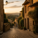 A quiet cobblestone street in a lesser-known European old town at golden hour