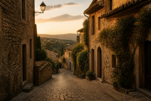 A quiet cobblestone street in a lesser-known European old town at golden hour