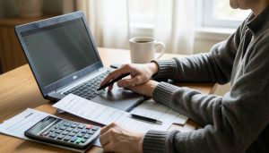A person filing taxes at a home desk with a laptop, a printed tax form, a calculator, and a coffee mug