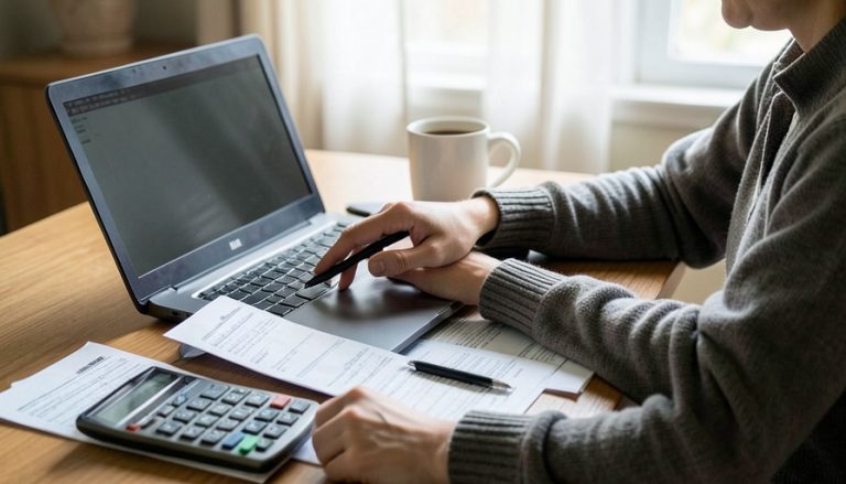 A person filing taxes at a home desk with a laptop, a printed tax form, a calculator, and a coffee mug