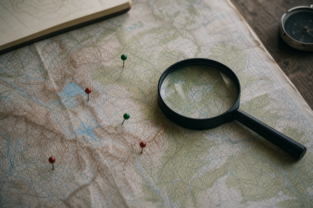 A topographic map on a table with a magnifying glass and small marker pins