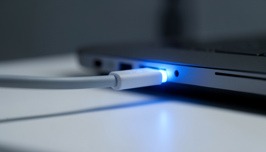 A USB-C cable plugged into the side port of a laptop with a soft blue power glow around the connector