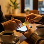 Two people settling up over coffee at a cafe table, one holding a smartphone and a card