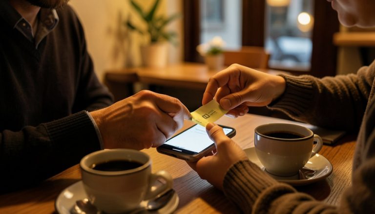 Two people settling up over coffee at a cafe table, one holding a smartphone and a card