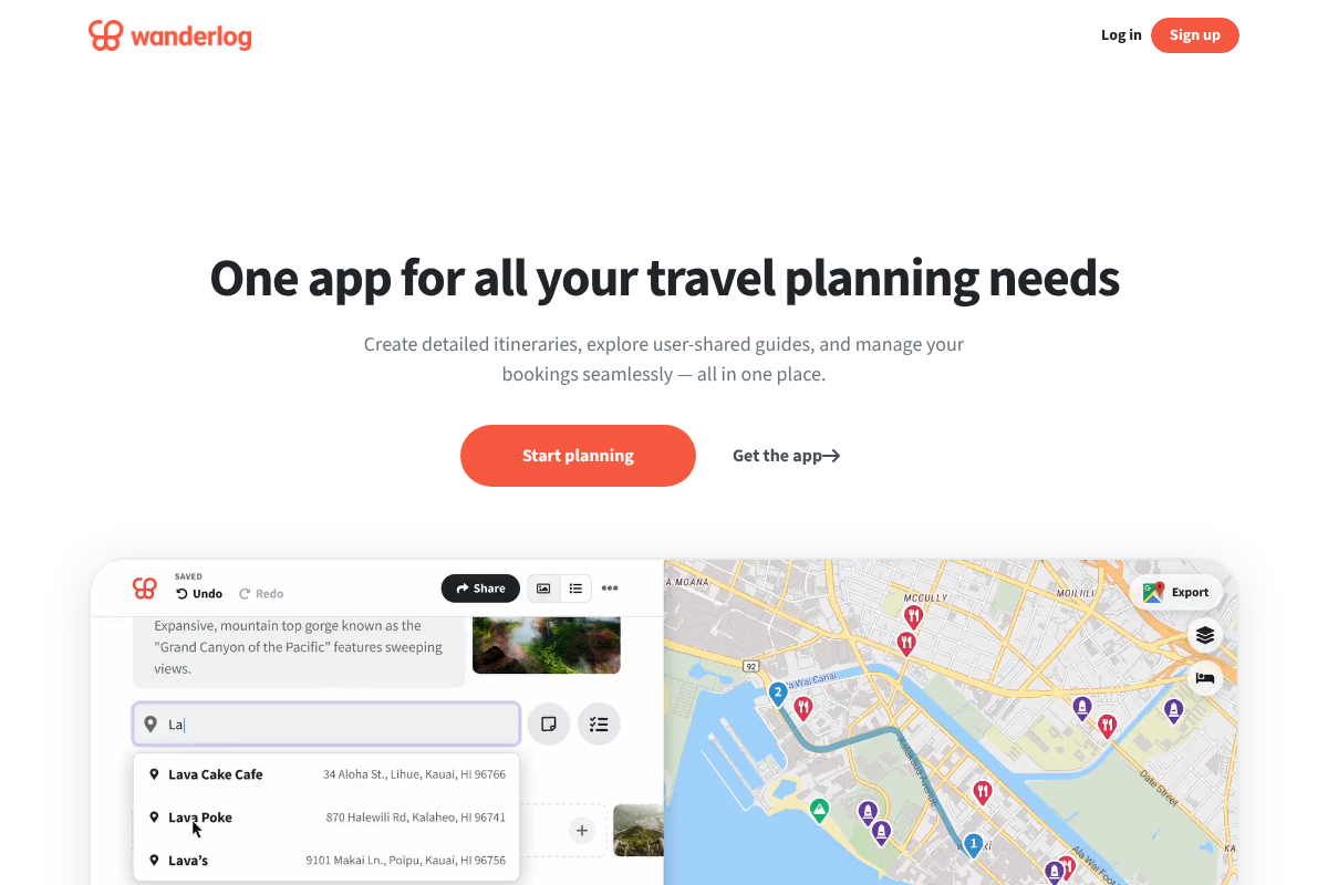 The Wanderlog travel planning app website showing an itinerary and map