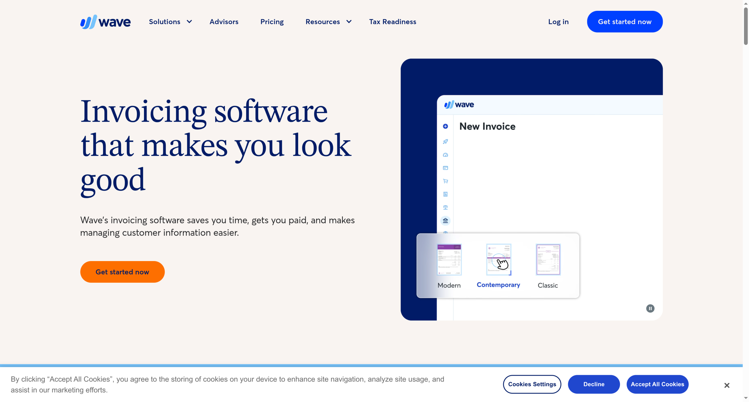 Wave invoicing software product page showing a new invoice and template options