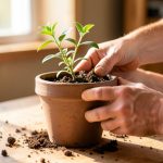 A small potted plant being transplanted into a much larger planter on a wooden workbench